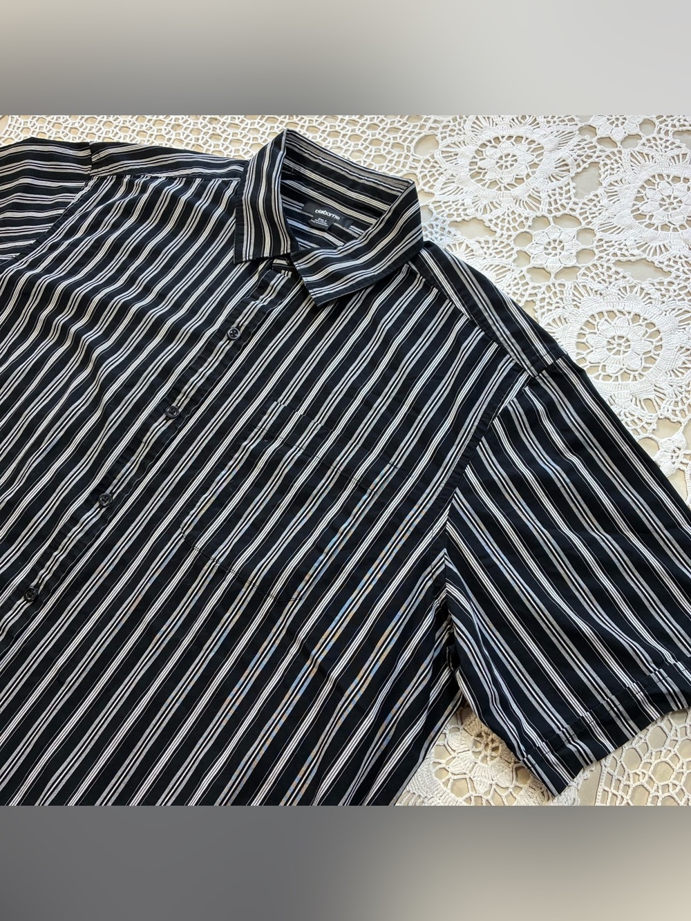 Claiborne Men's 2XLT (fits Lg) Striped Black White Short Sleeve Button-Up Shirt